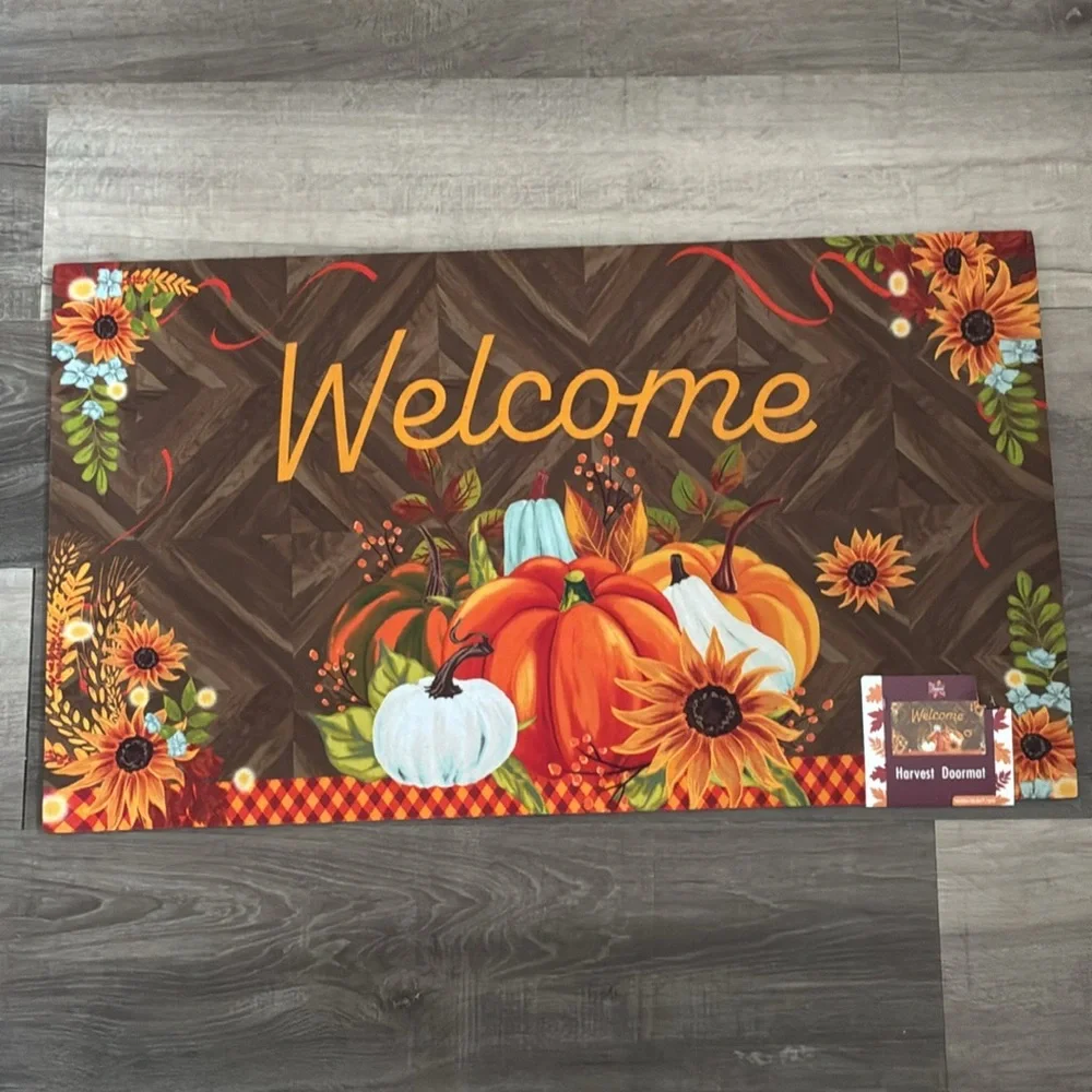 NWT- Fall Harvest- WELCOME Doormat with Pumpkins and Sunflowers- 16x28